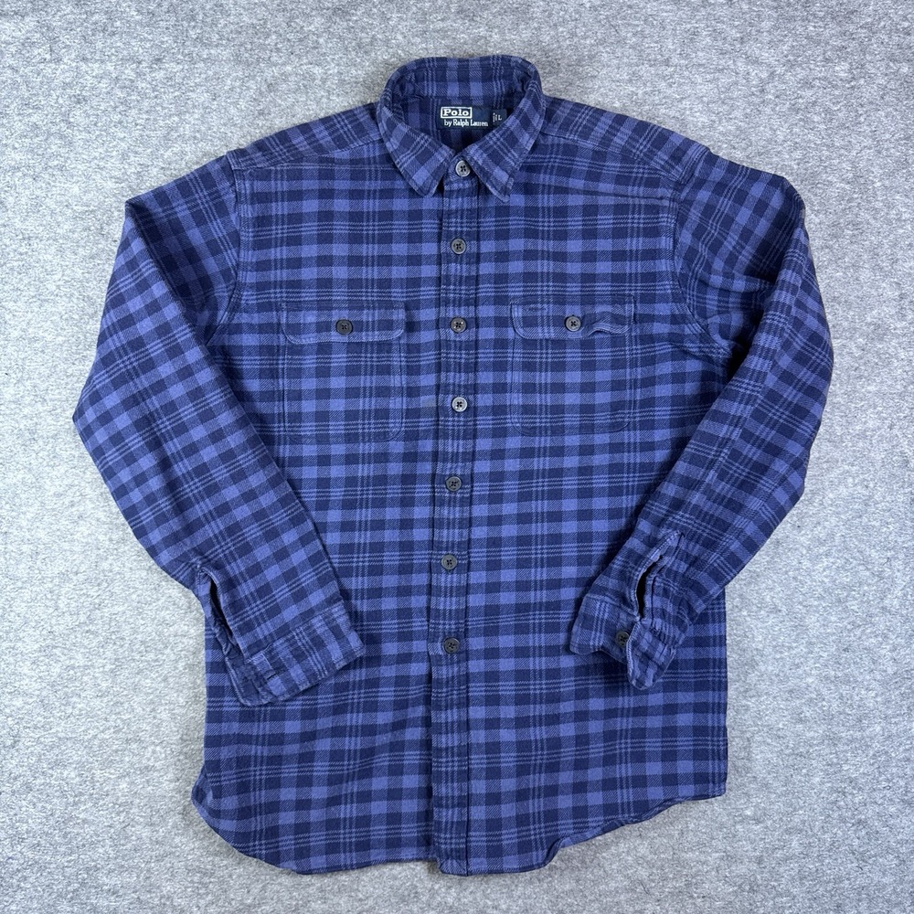 Polo Ralph Lauren Shirt Mens Large Blue Plaid Heavy Work Nautical Flap Pocket